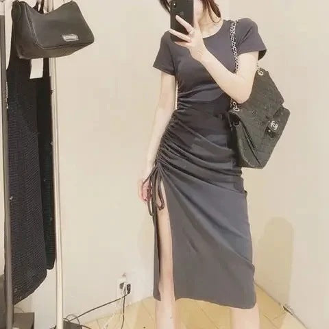 2025 New Summer Elastic Repair Arm Ion With Side Open Fork Long Dress Women's Short-Sleeved T-Shirt Drawer