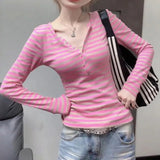 Striped Half-Necked Body To Close The Waist With Long-Sleeved Top Woman Bumpy Hottie Long-Sleeved T-Shirt