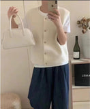 KANING Korean Round-Neck Solid Color Knitted Vest Women Stacked In Autumn And Winter New Single Buckle Loose Outer Sweater