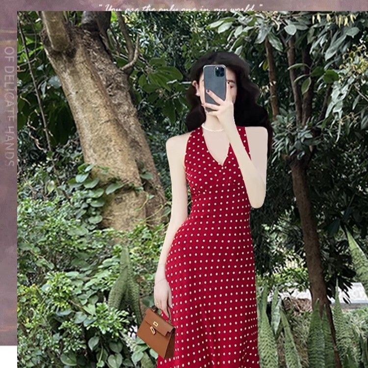 Red Wave Dot Hanging Neck Sling Dress Women's Summer Tourism Beautiful Seaside Resort Beach Long Skirts For Exclusive