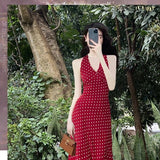 Red Wave Dot Hanging Neck Sling Dress Women's Summer Tourism Beautiful Seaside Resort Beach Long Skirts For Exclusive