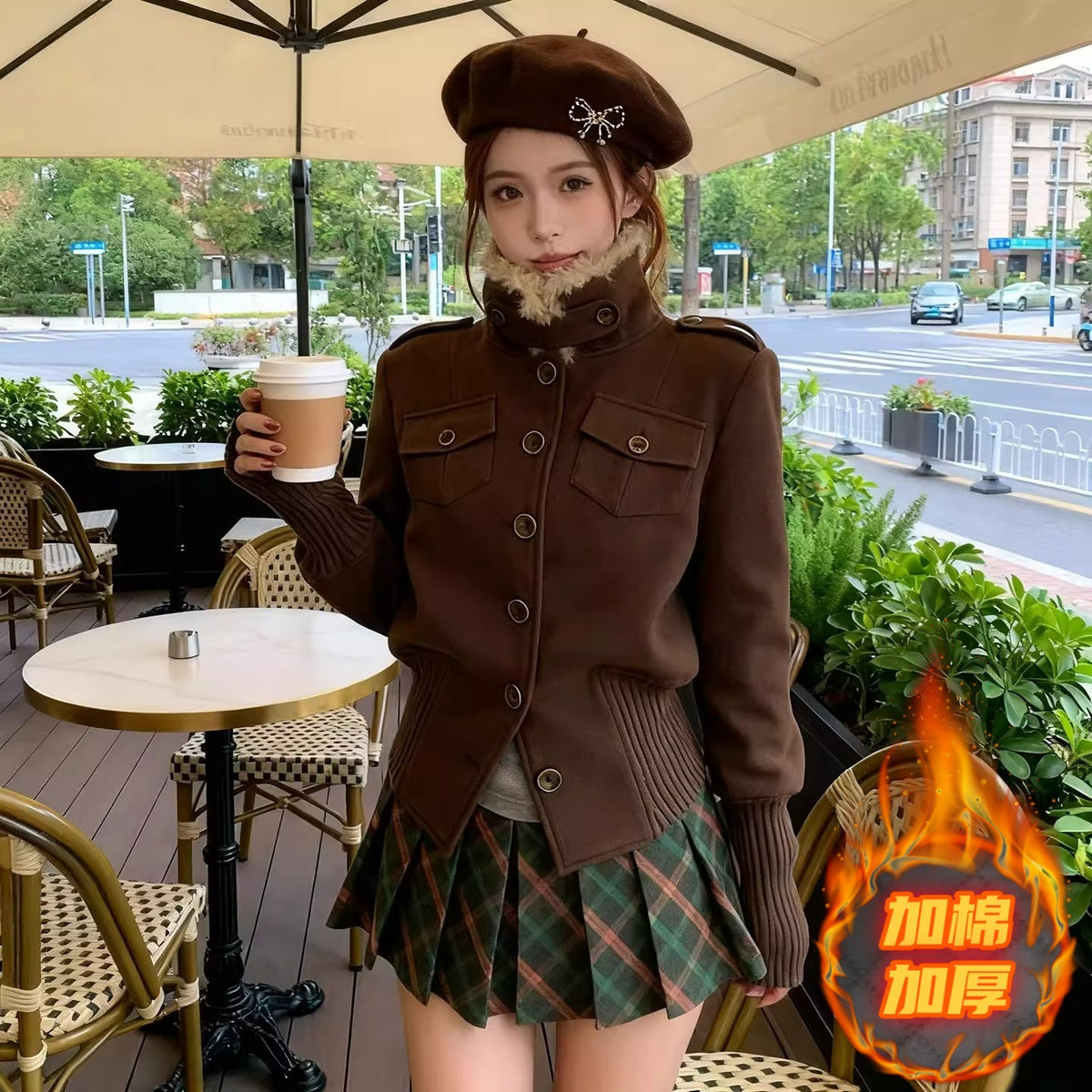 High-End Retro Temperament Curry Hair Collar Short Coat Old Money Wind Warm Waist Jacket Plus Cotton Wool Coat