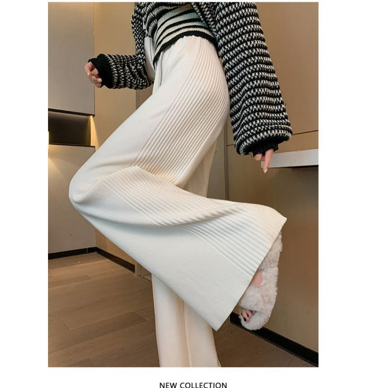 Design Sense Side Pressure Folding Pit Strip Knitted Broad Leg Pants Women Autumn And Winter Thick Hanging Feeling Loose Thin Tug Leisure Pants