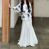 New Chinese Long-Sleeved Linen Shirt Top Women's Summer Thin Loose Lazy Wind V-Neck Shirt Skirt Suit