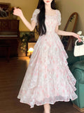 First Love French Style Collar Romantic Floral Spun Dress Women's Summer Large-Size Temperament To Close The Waist Thin Fairy Dress