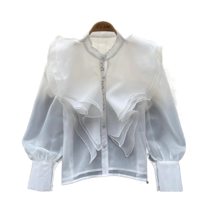 Autumn New Light Luxury Fairy Wind Lotus Leaf Side Long-Sleeved Shirt Female Mesh Design High-End Temperament Blouse