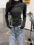 Half-Necked Zip-Up Collar Collar Slimming Bottom Shirt Women Autumn Winter Double Bar Striped Long-Sleeved T-Shirt