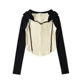 Pure Hot Babes Bumped Into The Shoulder Sleeve Rope Hooded Long Sleeves Straight T-Shirt Under The Curved T-Shirt