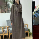 Autumn And Winter Commute Wind Solid Color Button High-Collar Dress Women Loose Waist Cover Meat Age Over The Knee Long Clock Dress