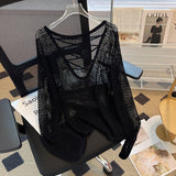 KANING Black And White Striped Hollow Ice Silk Knitted Women's Long Sleeves Loose Languid Hooded T-Shirt T-Shirt Babes Hollow Blouse
