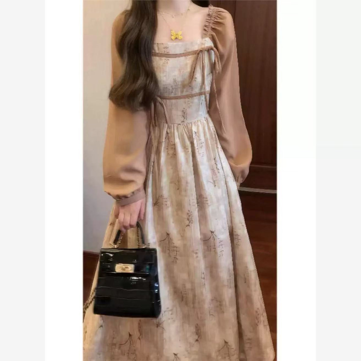 Large-Size Fat Mm Retro High-End Feeling Super Good-Looking Two Tea Break Flower Dress Niche Does Not Hit The Long Skirt