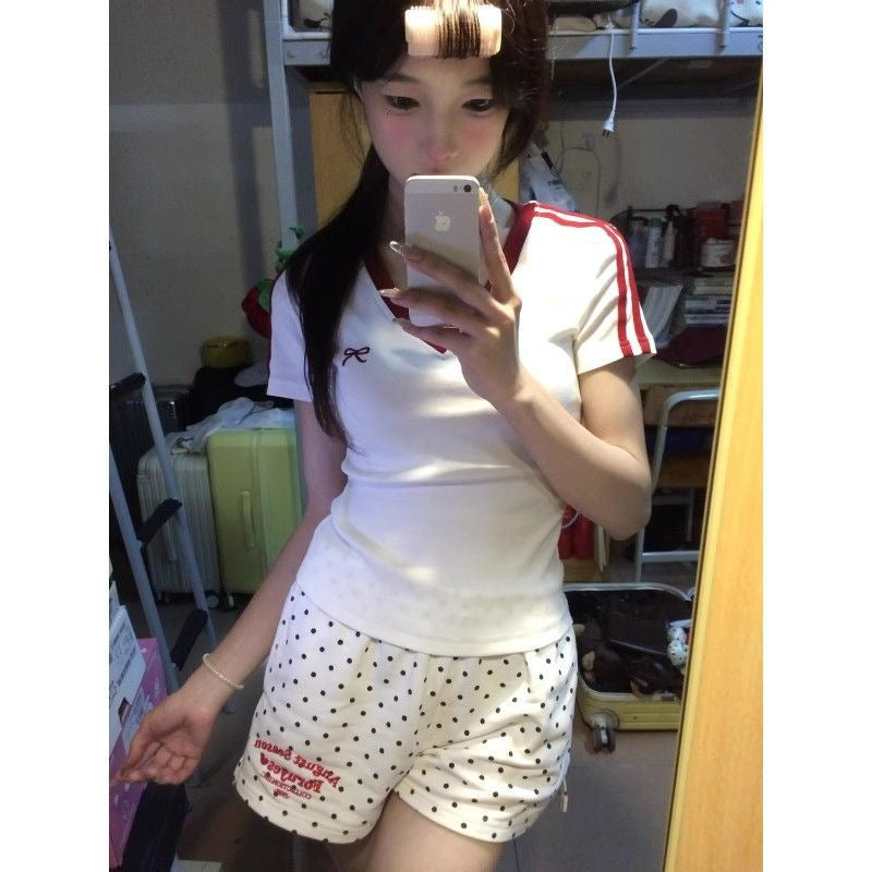Mordell's New Summer Collared Hottie Short-Sleeved Bow Embroidered With Pure-Want T-Shirt