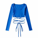 Roal Tie With Jersey Long-Sleeved Women's Clothing 2025 New Solid Color Round Collar T-Shirt Girl