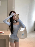 Pure-Want-Style Slim-Tuning U-Necked Long-Sleeved Girl Spring And Autumn Hot Girls Thin Waist-Bottomed Shirt With Solid Color Tops