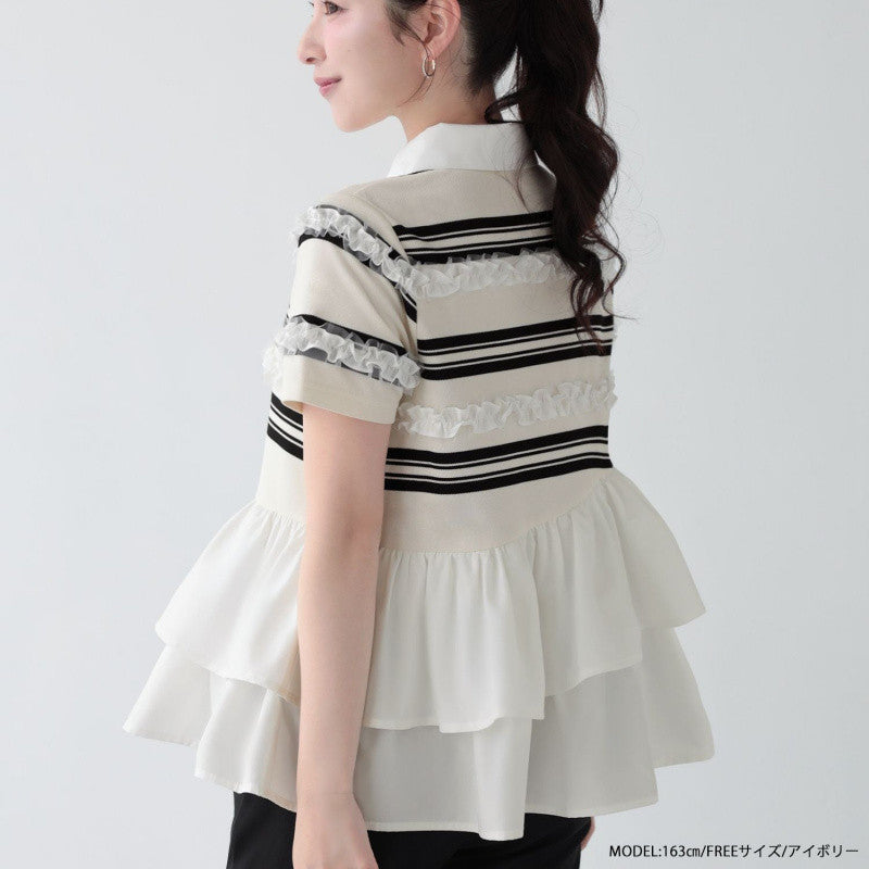 New Summer Cotton Striped Short-Sleeved Splicing Lotus Side Coat Fashion High-End Breathable Top