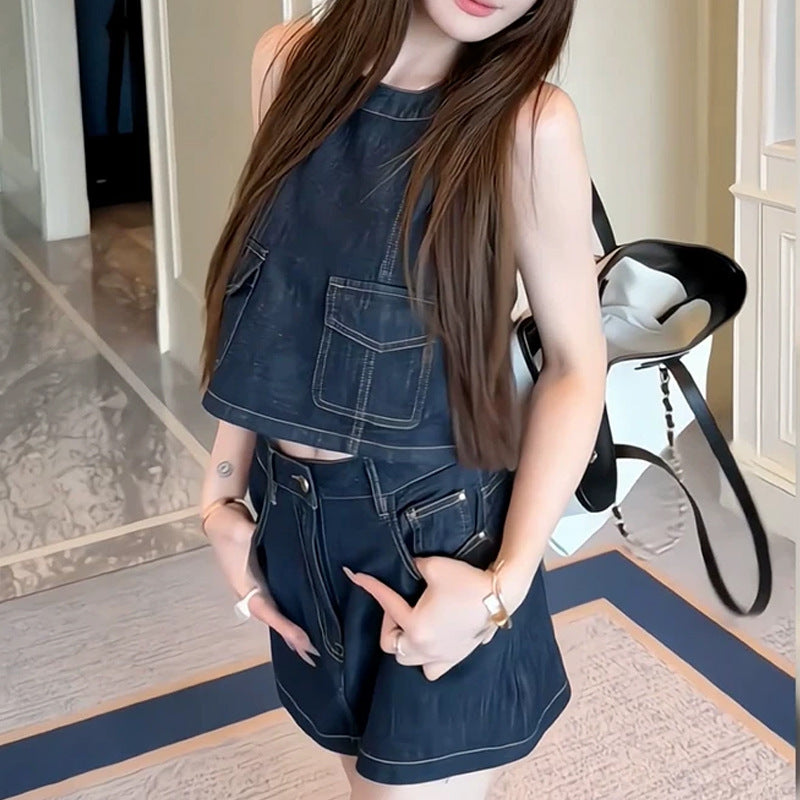 Summer Madrid Blue Soft Glutinous Cowboy Vest Half Skirt Suit 2026 Summer Half Dress Two Sets
