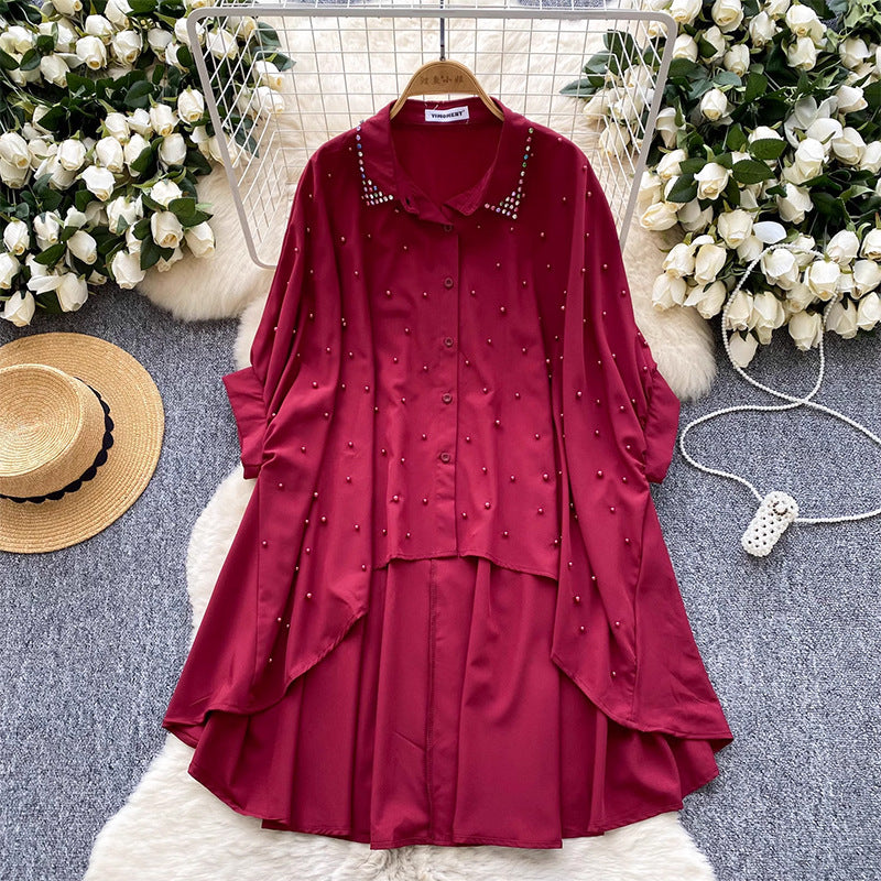 Design Irregular Shirt Women's Diamond Nail Pearl Single-Regable Bat Sleeves Long Medium Cover