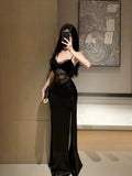 Received Waist Dress Open Black Hollow Sexy Dress Temperament Evening Dress With Chest Pads Lace Bag Hip Dress