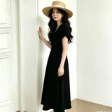 Korean Chic Summer Temperament Elegant Cross V Tie Tie Brings Waist Skinny Bubble Sleeve Medium Long Dress Woman