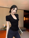 Little Sexy Hottie V Collar Pure Lust Lace Splicing Short-Sleeved T-Shirt Girl Summer Slimming Design Blouse