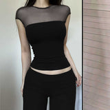 Vintage Mesh Splicing Round-Neck Short-Sleeved T-Shirt Girl Summer New Hot Girl Style Slimming Top