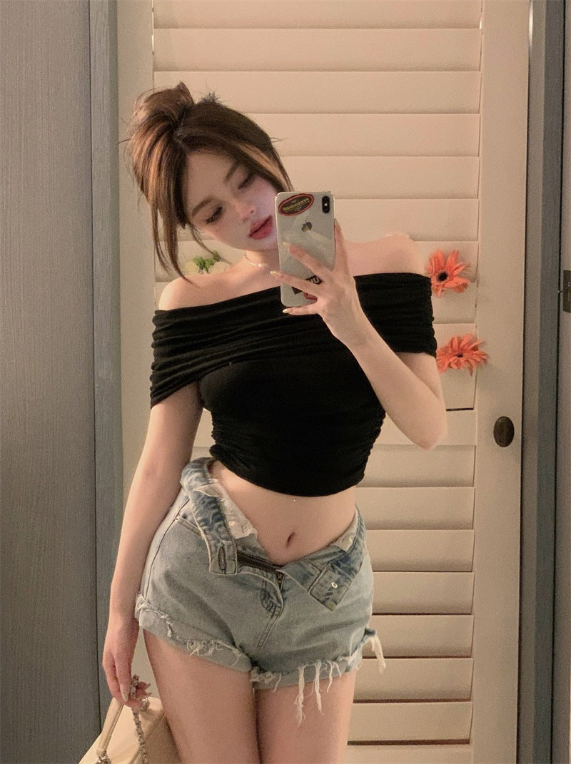 One-Word Shoulder T-Shirt Slim Thin Body Short Top Sexy Hottie Shirt Top