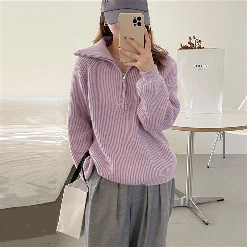 Autumn And Winter Pit Half Zipper Sweater Female Design Collar Soft Languid Lazy Outside Wearing Knitted Shirt Top