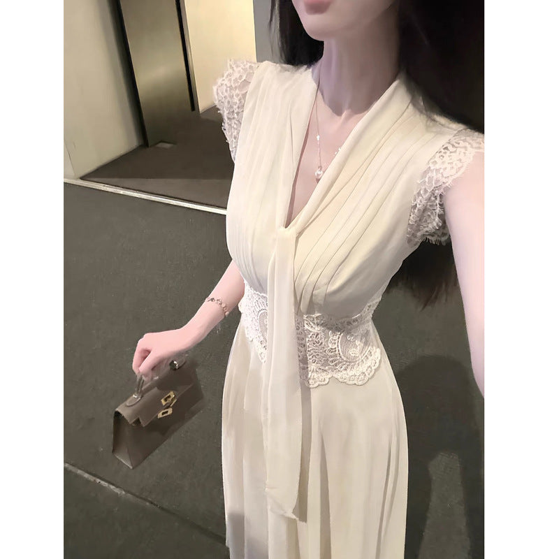 2 Versions Of The 2026 Summer Chiffon French V Tie With Large Skirt White Moon Dress Tide