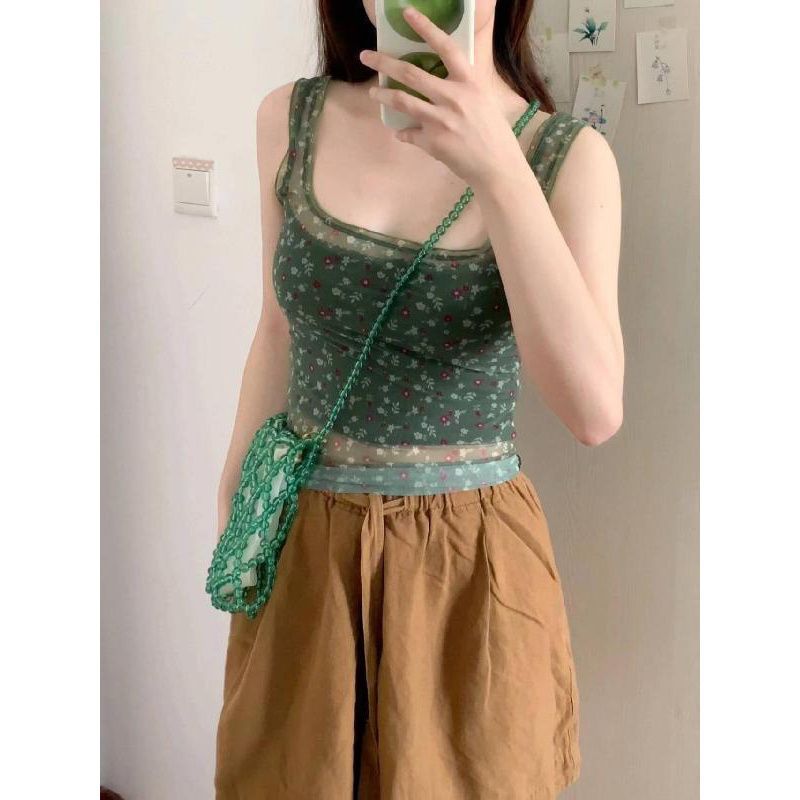 Summer Thin Flower Sexy Micro-Permeable Mesh Sling Sling Female Korean Version Pure Lusty Design Sense Slime On The Tide