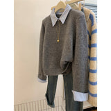 KANING Gray Fake Two-Piece Knitted Jersey Woman 2026 Autumn New Polo Collar Long-Sleeved Sweater Inside