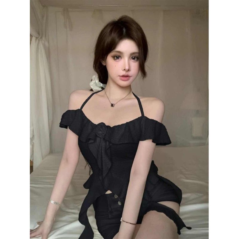 Spring New Lotus Leaf Side Apricot-Colored Shoulder Sling Vest Woman Sweet Style Slimming Inside A Short Coat