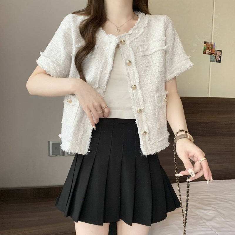 Temperament Short-Sized Fragrant Coat Summer New Coarse Flowers Tidly Short-Sleeved Top Woman