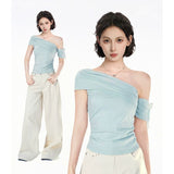 Fashion Pink Temperament Out-Shoulder Short-Sleeved T-Shirt Girl Spring New Slim Lean Shoulder Inside The Sexy Blouse Tide