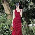 Red Wave Dot Hanging Neck Sling Dress Women's Summer Tourism Beautiful Seaside Resort Beach Long Skirts For Exclusive