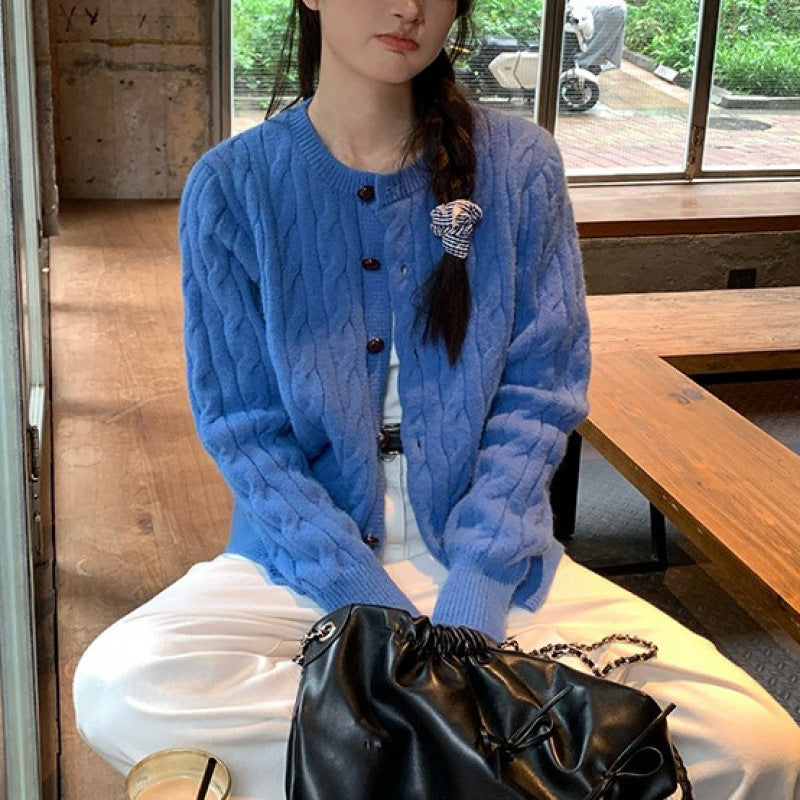3.11/New In Spring XUAN XIAO JIE Solid Blue Knitted Shirt Woman