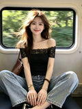 2026 Lace Splicing Sexy Bare Back Short Sleeve T-Shirt Girl Blue Slimming Hottie Thin Word Shoulder Short Model