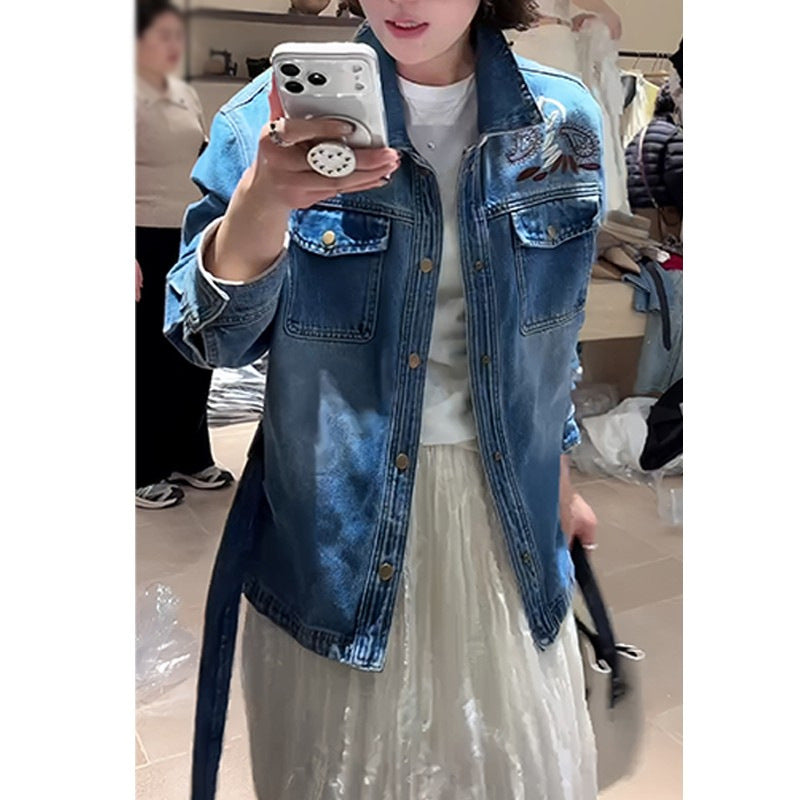 Heavy Industry Hand Embroidery Cowboy Jacket 2026 Spring New Collar Tie With Thin Jacket Top