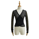 Sexy Micro-Permeable Hollow Cross V Collar Long-Sleeved Lace Jersey Girl Slimming Temperament Bottom Shirt T-Shirt Shirt