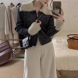 KANING Collar Fur Double Zipper Knitted Cardigan Women 2026 Autumn New Bumpy Retro Style Sweater Outside