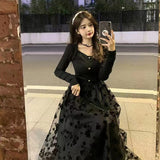 Gentle Wind Black Fried Street Dress Women 2025 Autumn And Winter New Long Sleeves To Close The Waist Thin Net Grankin Floral Skirt