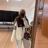 KANING Korean Striped V-Neck College Wind Loose Knits 2026 Autumn And Winter New Women's Sweater Coat