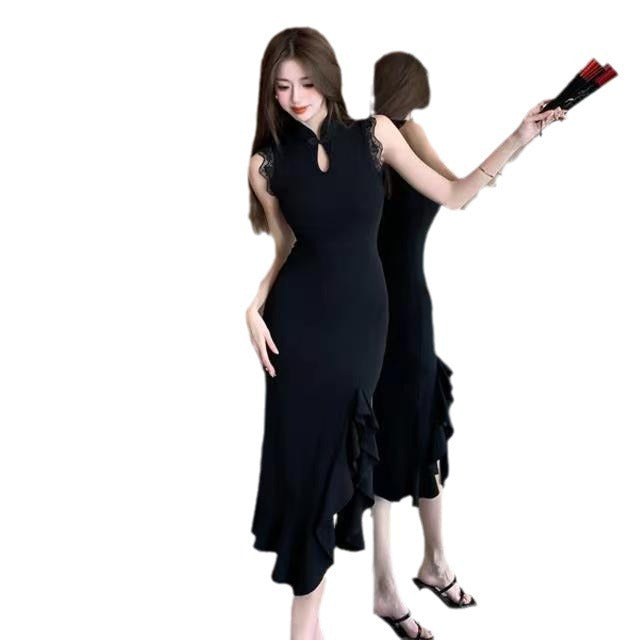 2025 New Chinese Young Lotus Leaf Side Boiling Water Drop Lace Temperament Sexy Sleeveless Cheongsam Dress