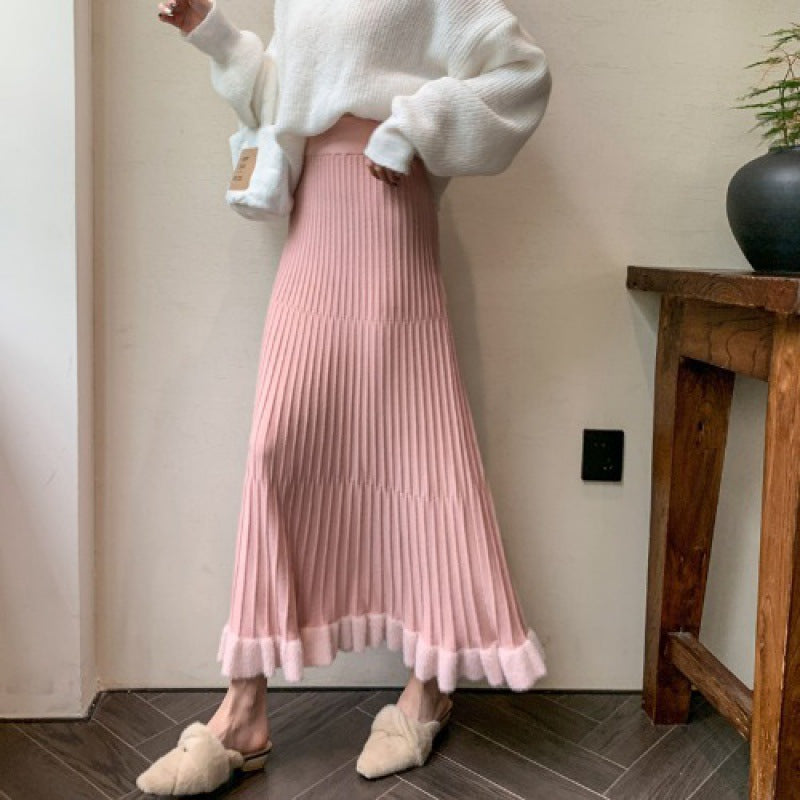 KANING Crowing Pink Folded Skirt High Waist Swing Skirt 2026 Autumn And Winter New Knitted Half Dress Woman