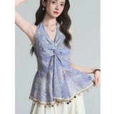 Summer Sexy Sister Wind Hanging Neck Tuxed Back Twistry Tucked Tucking Blouse Tucking Shirt