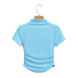 2025 Pure Lustful Wind Sexy Tight Chest Flanked Folded T-Shirt Thread Half-High Collar Short-Sleeved Top Woman