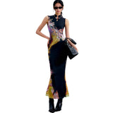 Street Wind Before And After Two Bumpy Color Printed Cheongsam Dress High-End Temperament Female Summer Bagged Hip Dress
