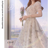 French Ink Painting Floral And Snowy Dress Bubble Sleeves Showing Thin Temperament Sweet Long Skirt Summer Women's Dress