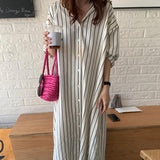 Korean Autumn Languid Wind Simple Collar Bump Color Stripes Design Loose Leisure Long-Sleeved Shirt Dress