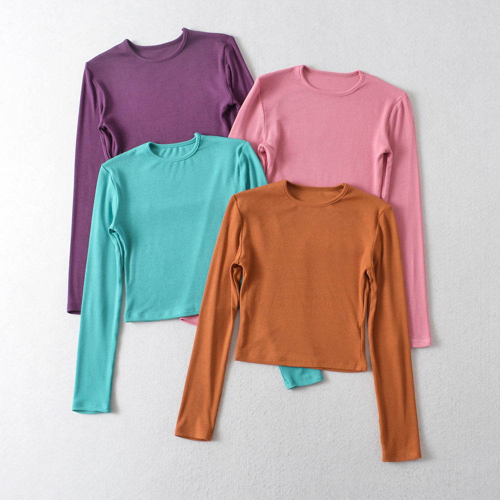 Hottie High Elastic Short Small Neck-Up T-Shirt Exposed Belly Button-Button Tight Bottom Shirt