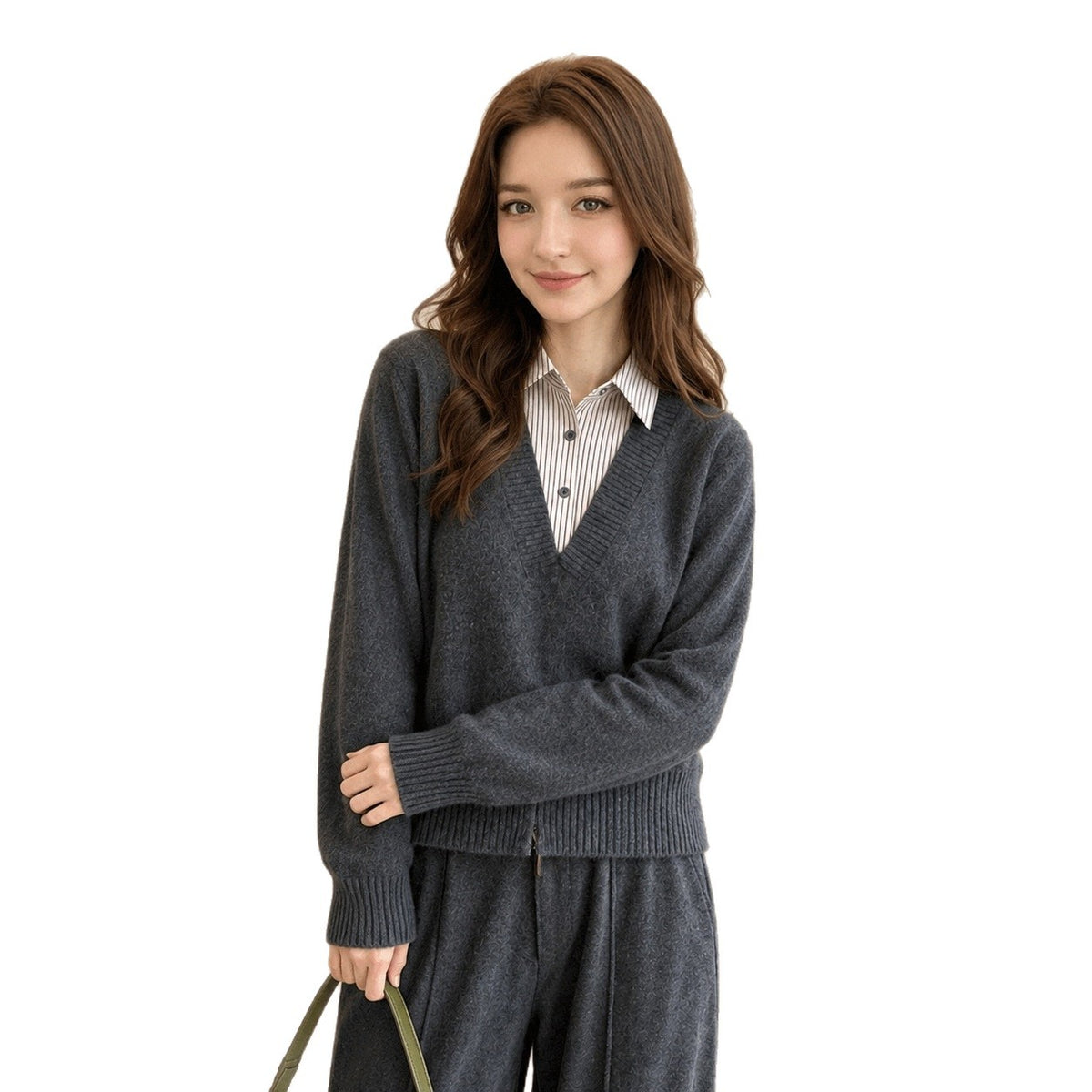 LEKA Korean Spliced Striped Two-Piece Collar Sweater In Autumn Commuter Hooded Loose Thin Knitwear